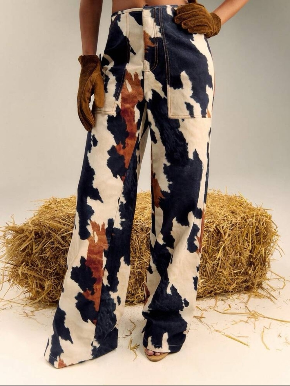 TypaGal Cow Print Wide Leg Pants - Black, White & Brown size small used once